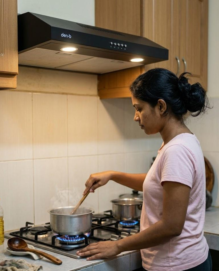 Woman cooking on a gas stove in a kitchen with a 'den-b' range hood.