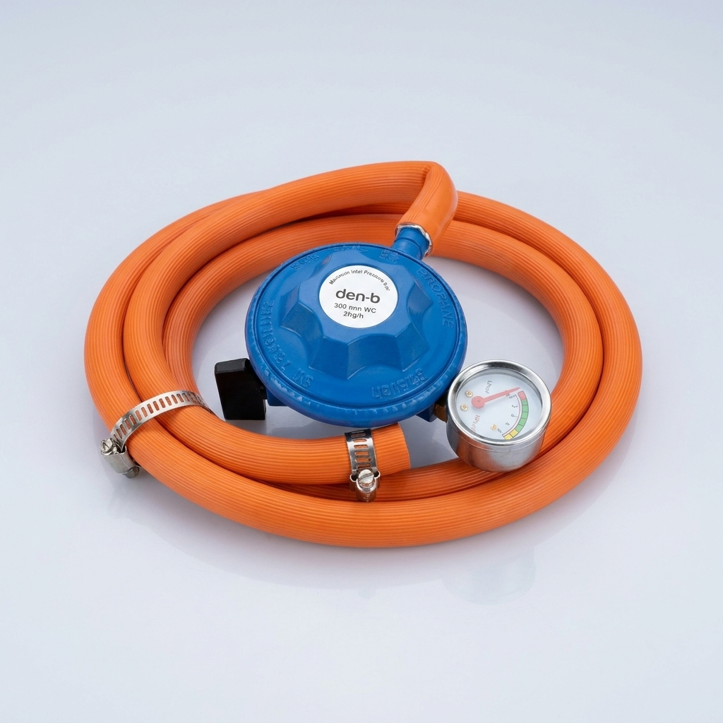 Close-up of Den-B low pressure gas regulator with pressure gauge and orange hose
