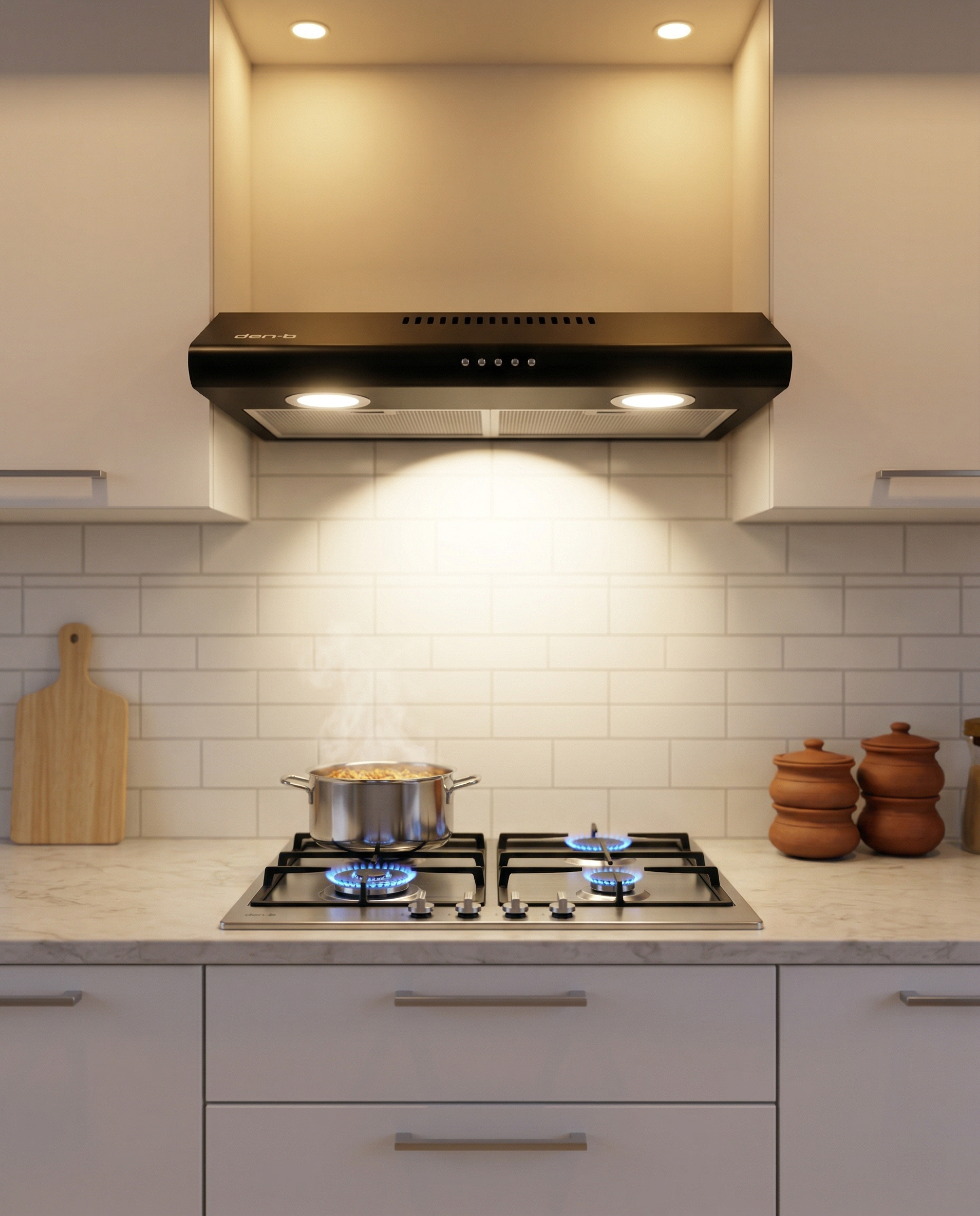 Modern kitchen with a stove, pots, and a range hood.