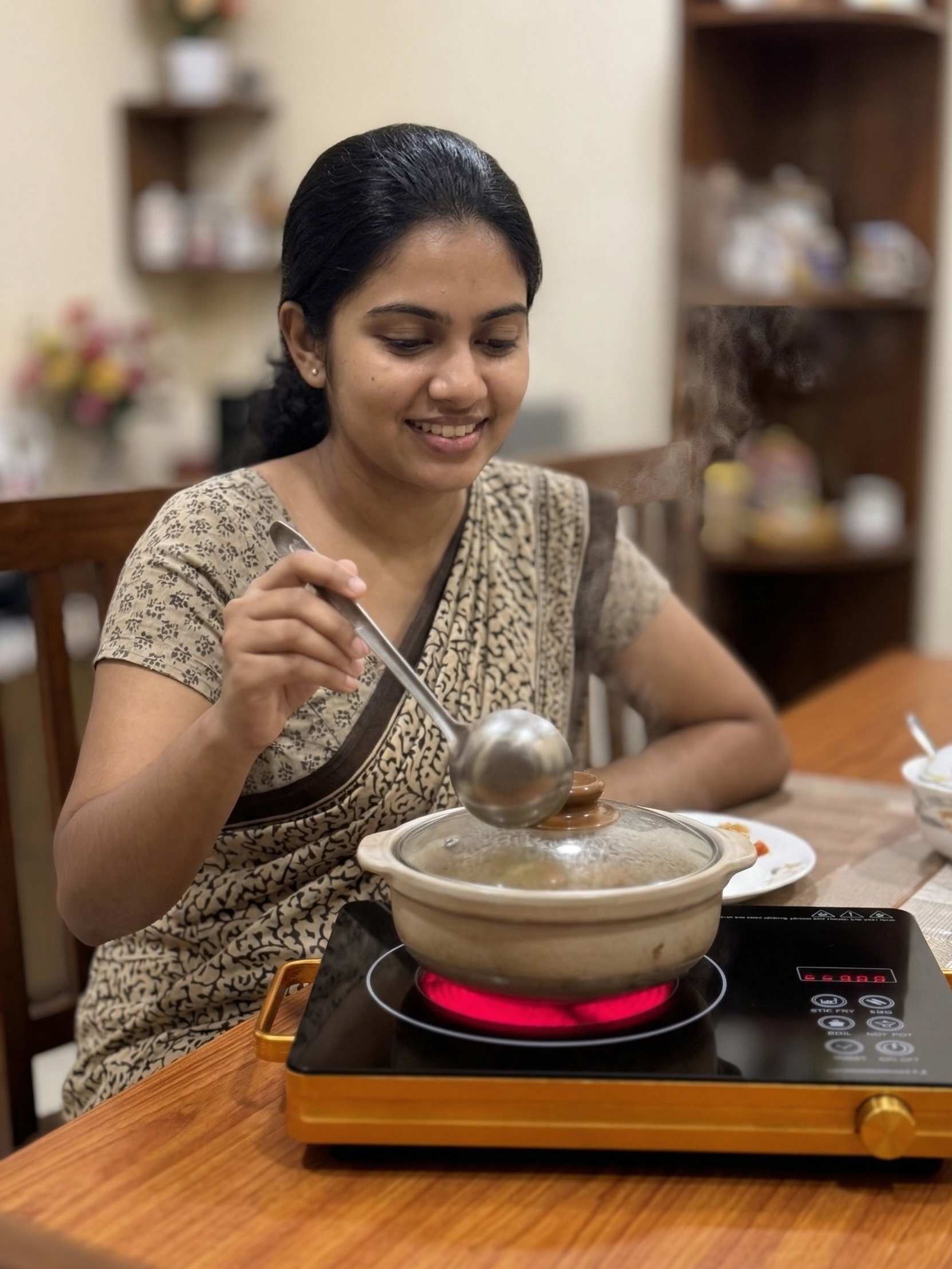 Woman serving food from a pot on a small stove in a kitchen setting
