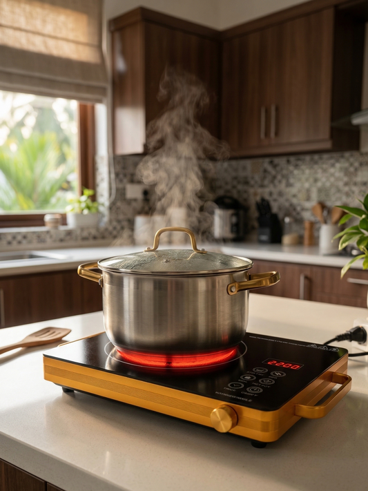 Stainless steel pot on a portable electric stove in a kitchen