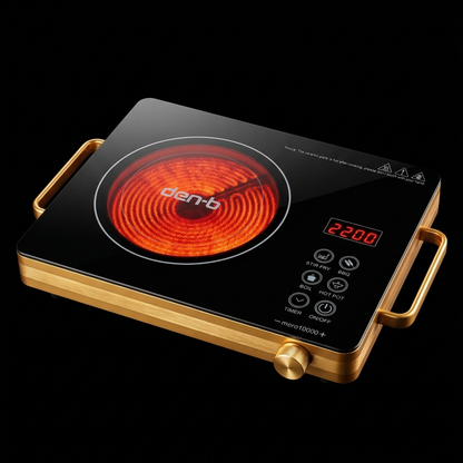 Induction cooktop with glowing element and digital display on a black background