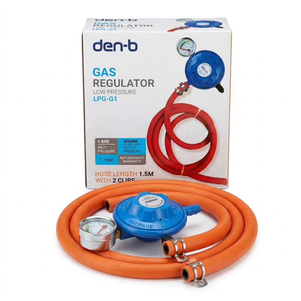Den-B LPG-G1 gas regulator set with 1.5m hose, 2 clips and retail box