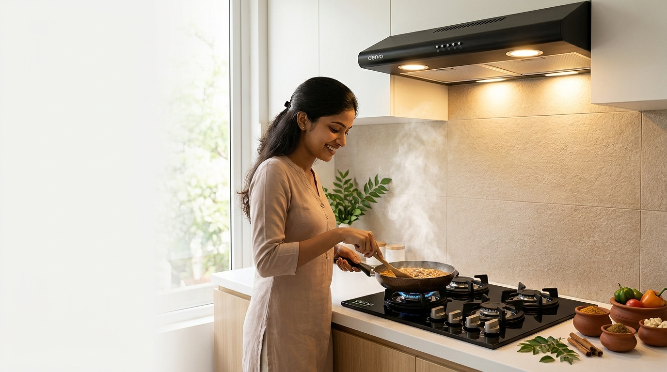 Den-B GalaxyFlame cooktop and cooker hood in a modern Sri Lankan kitchen