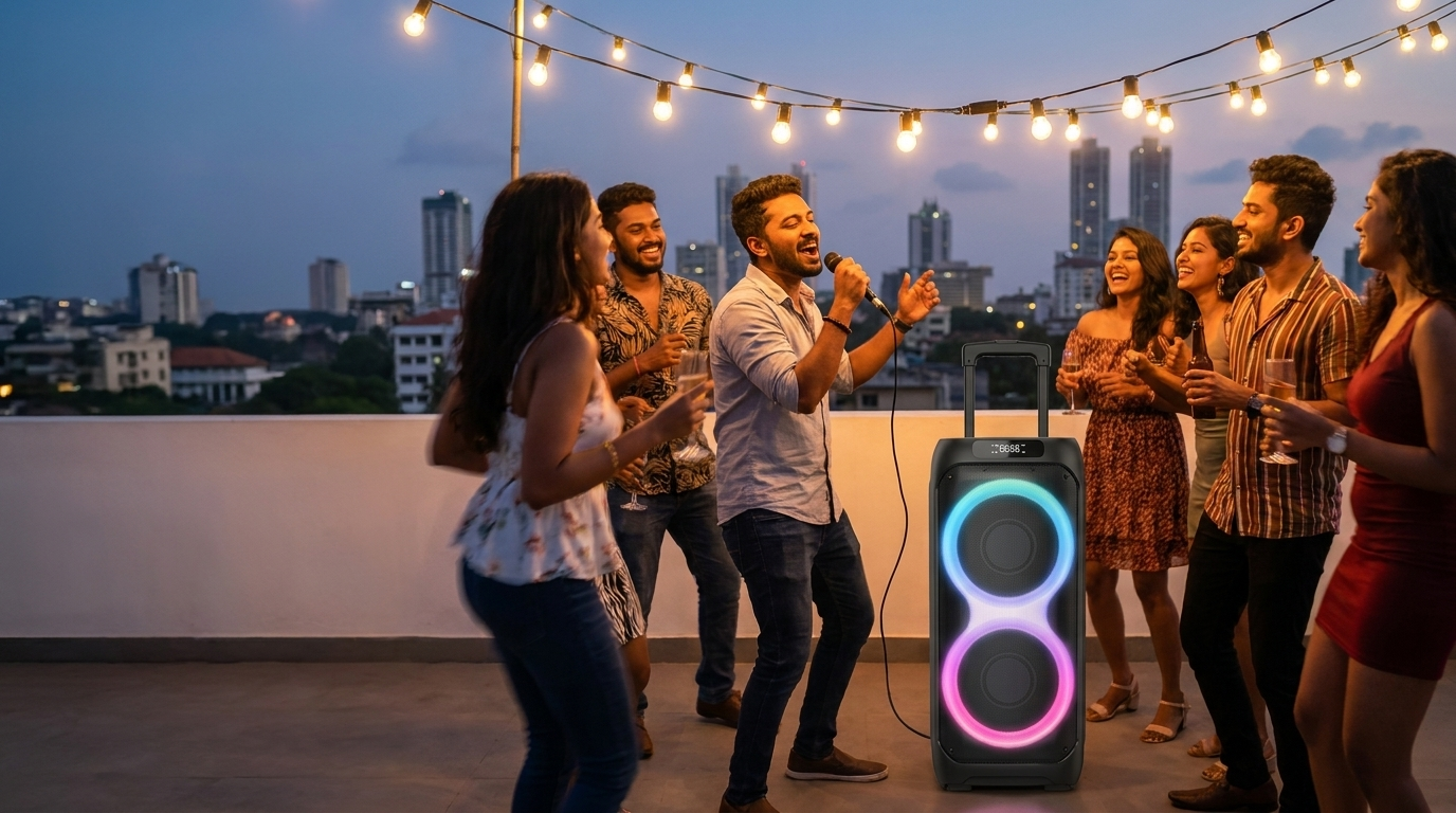 Den-B Basscore party speaker at a rooftop gathering