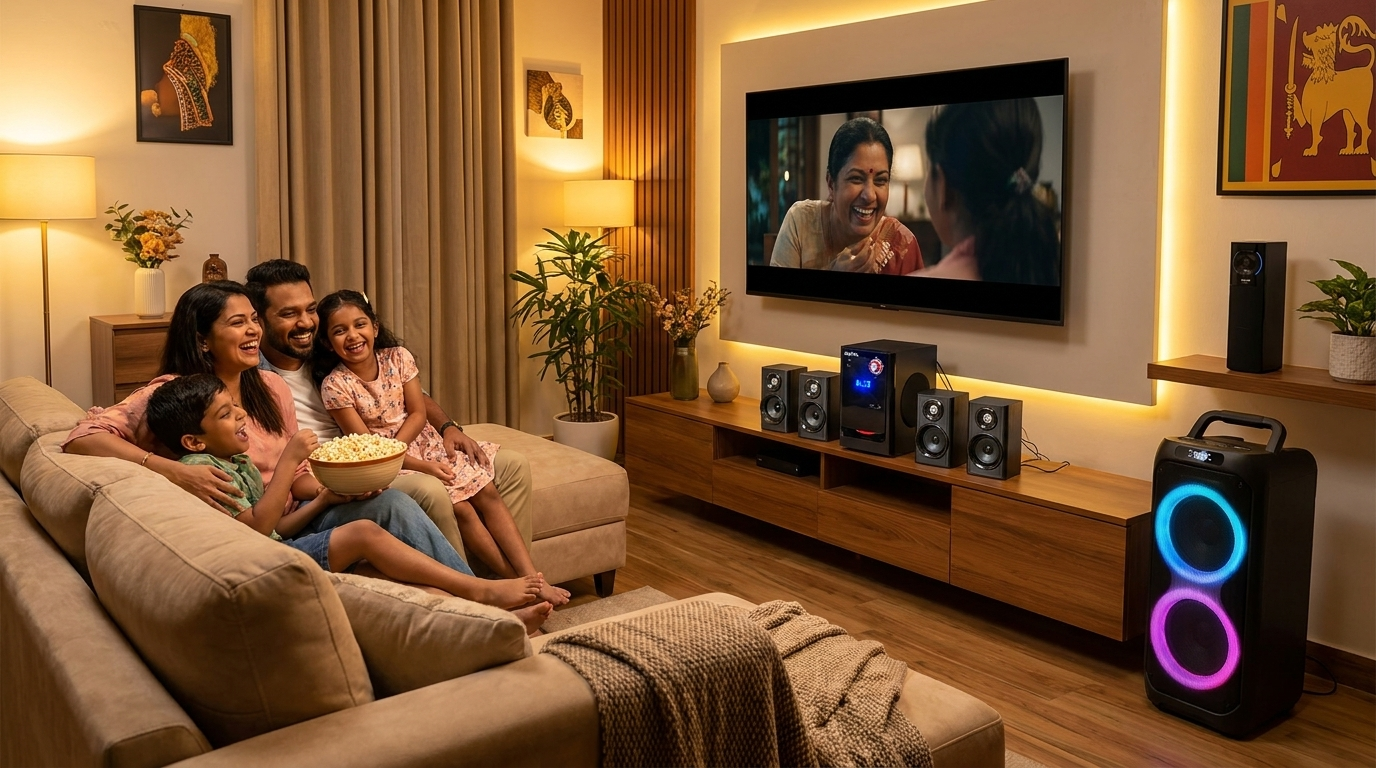 Yappa homepage hero - Sri Lankan family enjoying Den-B 5.1 home theater and speakers